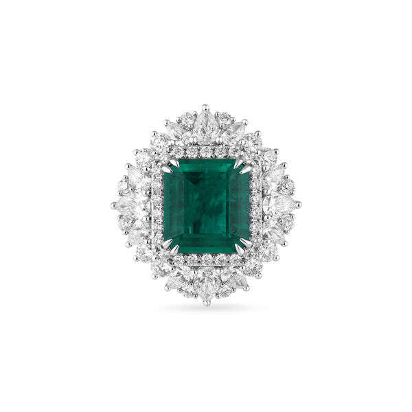 Emerald Octagon-Cut Ring with Diamonds in White Gold